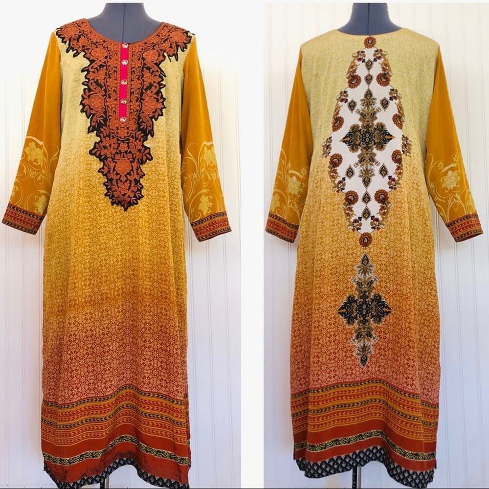 Vintage Dress Colorful Unique Printed Caftan Silky Paisley Asian Indian Kurta L